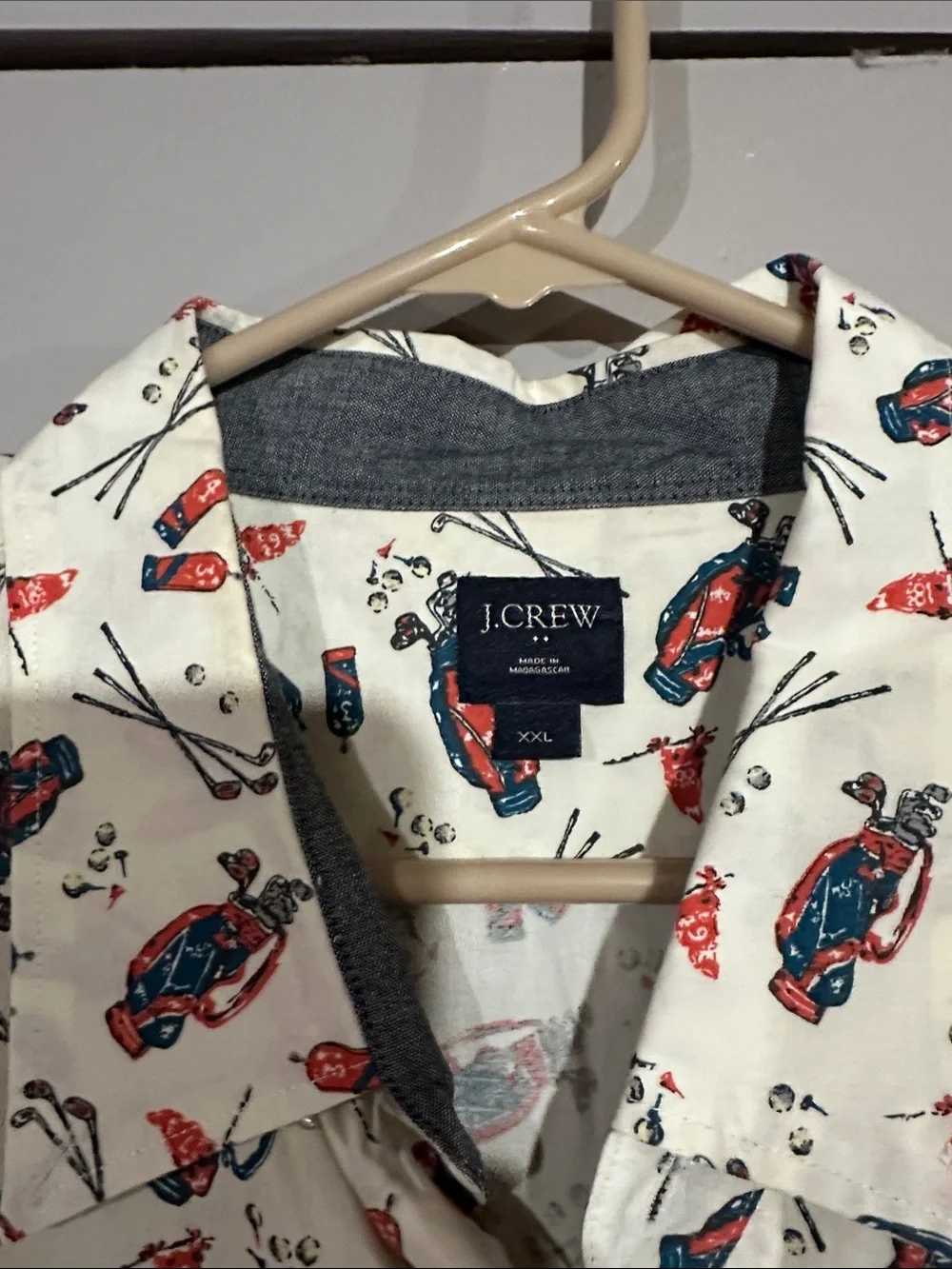 J. Crew White Short-Sleeve Button-Down with Red & Blue Novelty Print